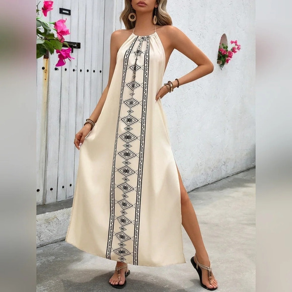 Women Summer High Slit Halter Backless Neck Tie Long Holiday Dress - Picture 1 of 5